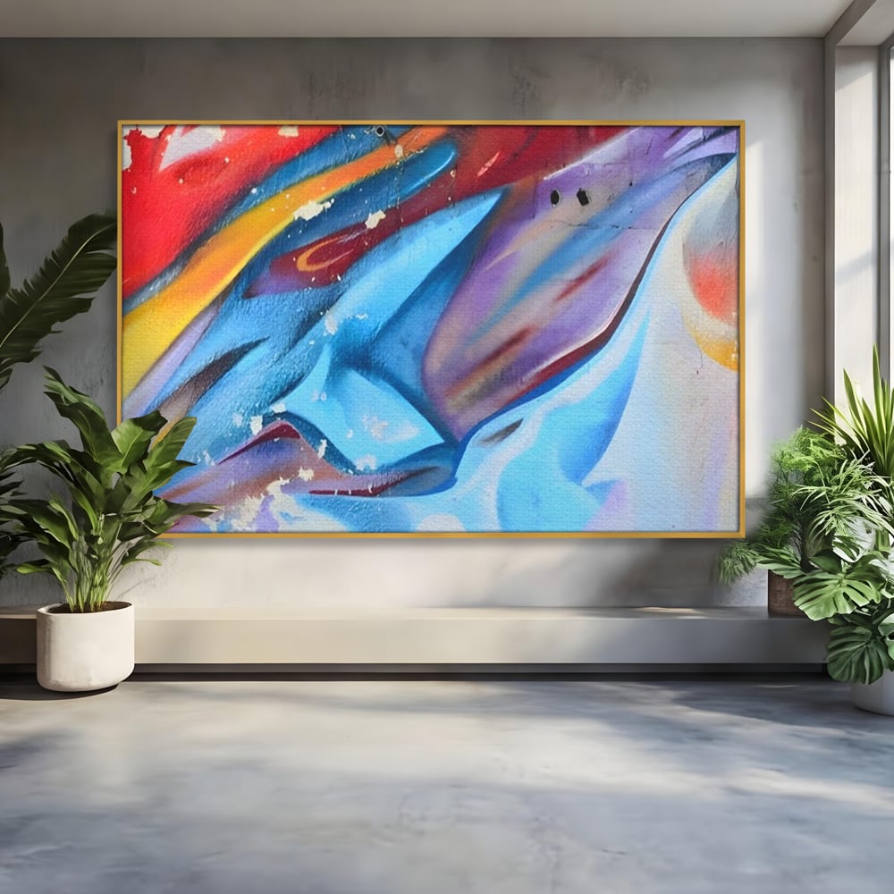 Tablou canvas cu pictura abstracta cu graffiti multicolor, in rama de aluminiu auriu